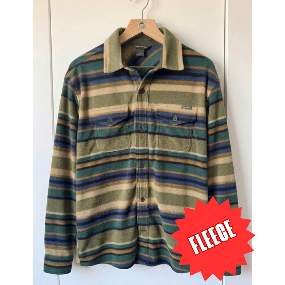 Eddie Bauer Fast Fleece Long Sleeve Shirt Mens M Striped Shacket Green Blue